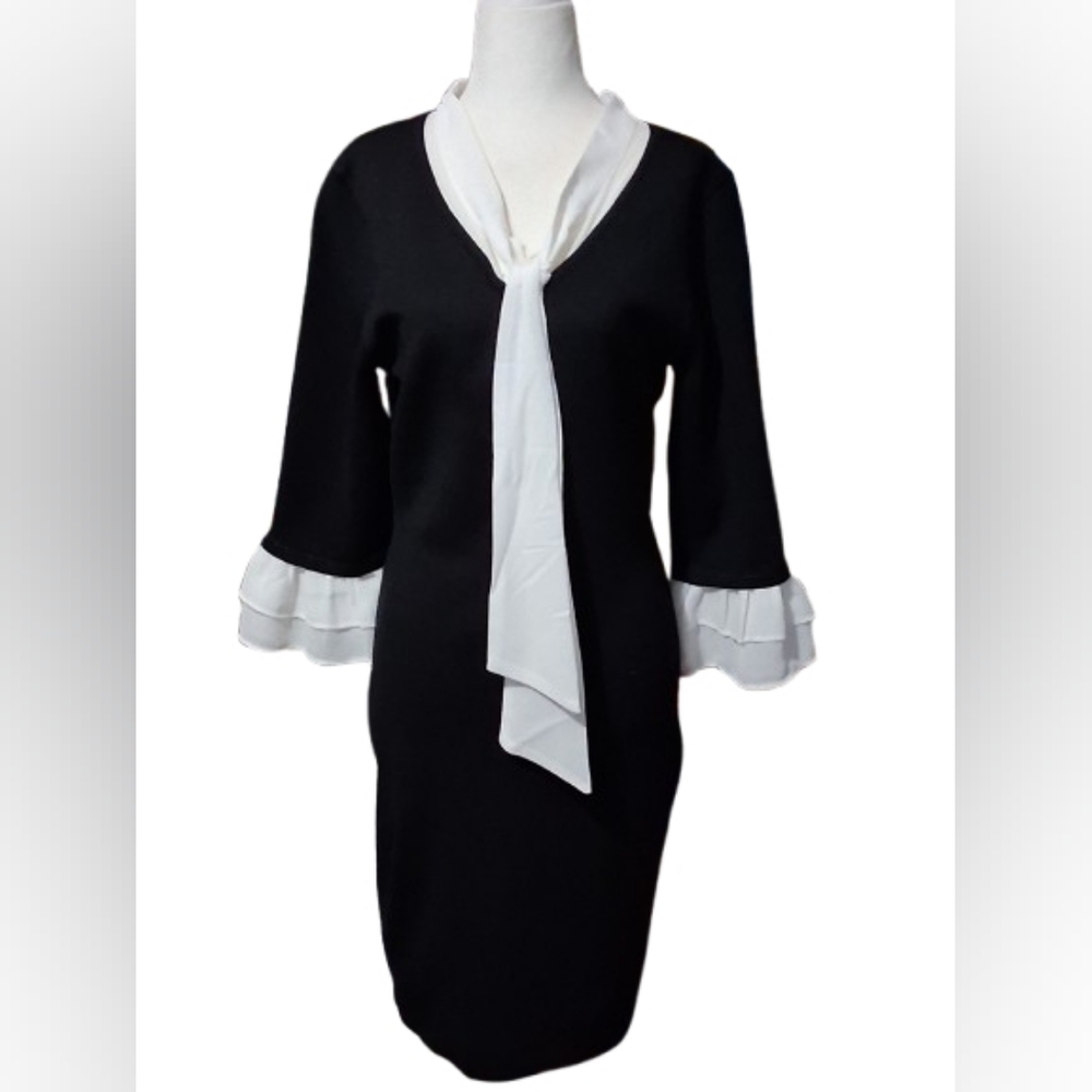 New "NWT" Nina Leonard Black Sweater Dress with White Cuff Details - Picture 2 of 9